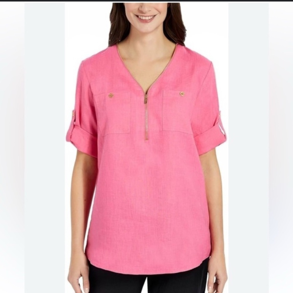 Ellen Tracy Linen Zip Front Roll Tab Sleeve Tunic Shirt Peony Pink Size XXL